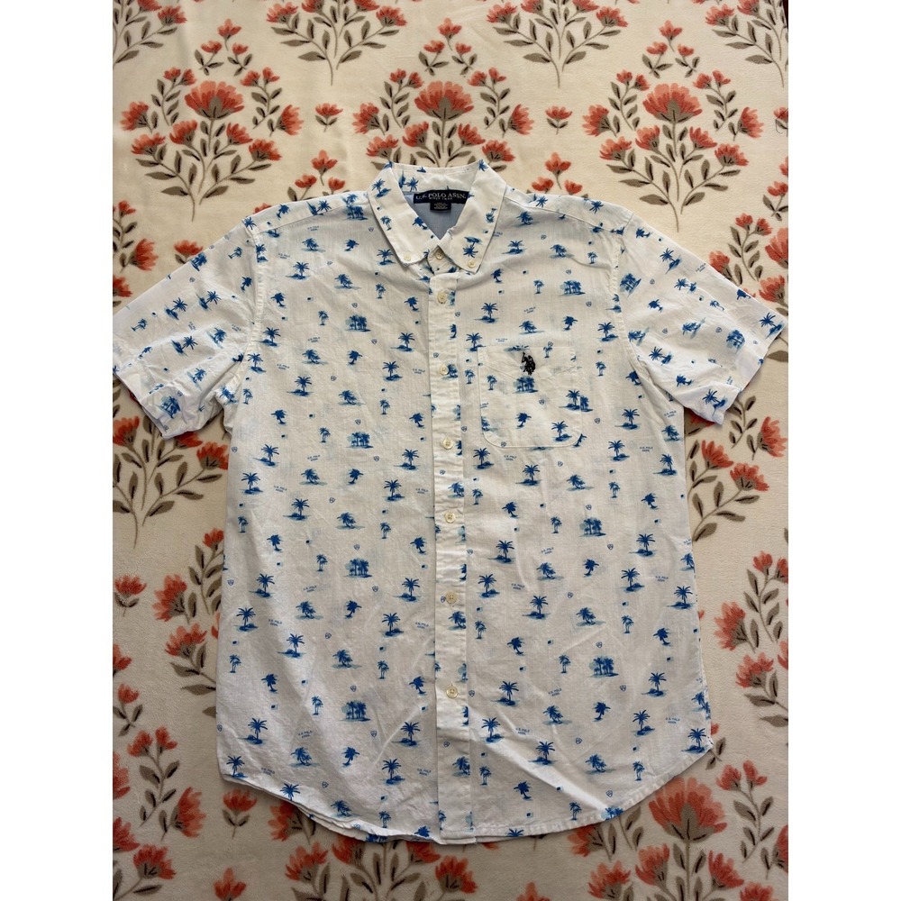 US Polo Assn Mens White Blue Palm Tree Tropical Button Down Shirt 11E014 M